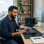 Freelance developer in Hyderabad reviewing app development code on a laptop