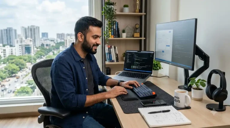 Freelance developer in Hyderabad reviewing app development code on a laptop