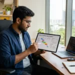 Freelance development in Hyderabad project timeline and app design mockups on a desk