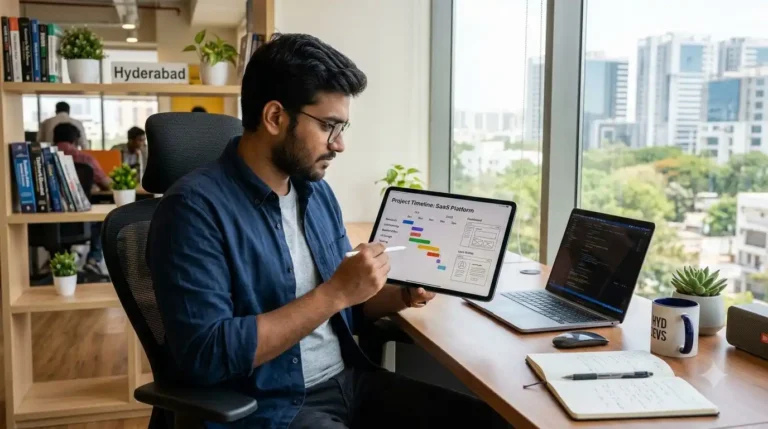 Freelance development in Hyderabad project timeline and app design mockups on a desk
