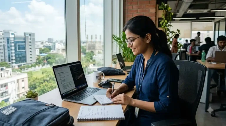 Best freelance developer in Hyderabad reviewing project portfolio and code on a laptop