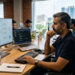 Expert freelance developer in Hyderabad reviewing complex application architecture on a laptop