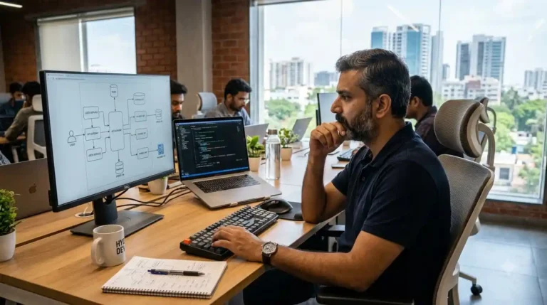 Expert freelance developer in Hyderabad reviewing complex application architecture on a laptop