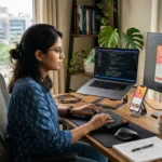 Freelance app developer in Hyderabad building a mobile application on a laptop with app screens visible