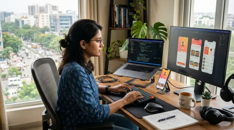 Freelance app developer in Hyderabad building a mobile application on a laptop with app screens visible