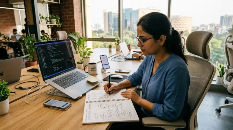 Custom mobile app developer in Hyderabad designing a tailored application workflow on a laptop